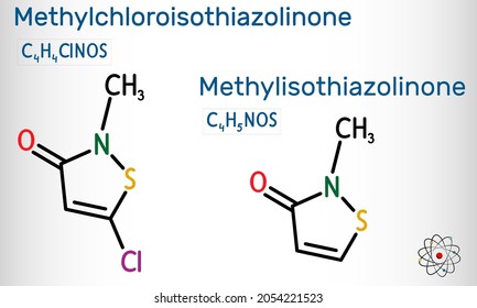 Methylisothiazolinon (MIT, MI) und Methylchloroisothiazolinon (MCI)-Molekül. Die Kombination dieser Verbindungen wird als Konservierungsmittel in Kosmetika verwendet. Chemische Skelettformel. Vektorgrafik