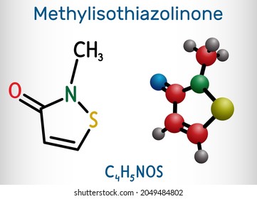 Methylisothiazolinone, MIT, MI molecule. It is preservative, powerful biocide and preservative. Structural chemical formula and molecule model. Vector illustration svg