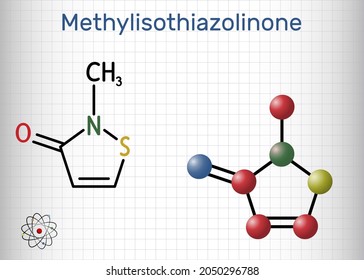 Methylisothiazolinone, MIT, MI molecule. It is preservative, powerful biocide and preservative. Structural chemical formula and molecule model. Sheet of paper in a cage. Vector illustration svg