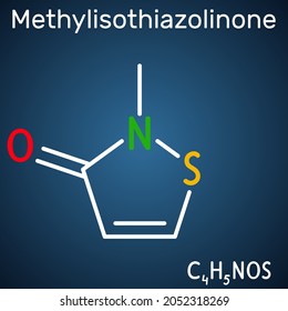 Methylisothiazolinone, MIT, MI molecule. It is preservative, powerful biocide and preservative. Structural chemical formula on the dark blue background. Vector illustration svg