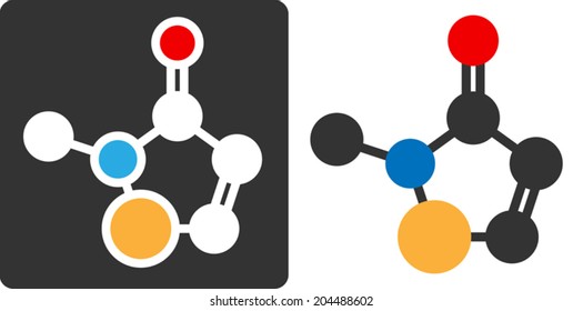 Methylisothiazolinone (MIT, MI) preservative molecule, flat icon style. Atoms shown as color-coded circles (oxygen - red, carbon - white/grey, sulfur - yellow, nitrogen - blue, hydrogen - hidden).	 svg