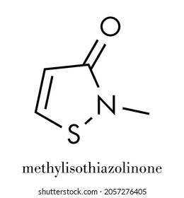 Methylisothiazolinone (MIT, MI) preservative molecule, chemical structure. Often used in water-based products, e.g. cosmetics. Skeletal formula.