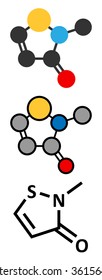 Methylisothiazolinone (MIT, MI) preservative molecule. Often used in water-based products, e.g. cosmetics. Stylized 2D renderings and conventional skeletal formula.  svg