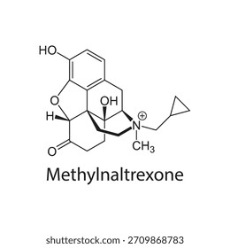 Estructura molecular de metilnaltrexona, fármaco antagonista opioide de acción periférica, diagrama de Vector científico limpio, fórmula química esquelética