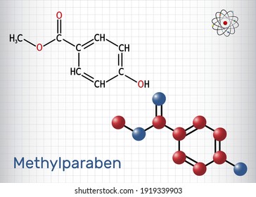 Methylparaben, methyl paraben, methyl 4-hydroxybenzoate molecule. It is paraben, antimicrobial preservative in cosmetics, E218. Sheet of paper in a cage. Vector illustration