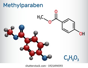 Methylparaben, methyl paraben, methyl 4-hydroxybenzoate molecule. It is paraben, antimicrobial preservative in cosmetics, E218. Structural chemical formula, molecule model. Vector illustration