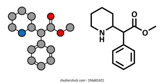 Methylphenidate attention-deficit hyperactivity disorder (ADHD) drug, chemical structure. Conventional skeletal formula and stylized representation, showing atoms (except H) as color coded circles. 