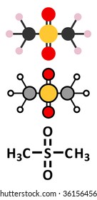 Methylsulfonylmethane (MSM) dietary supplement molecule. Stylized 2D renderings and conventional skeletal formula. 