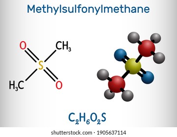 Methylsulfonylmethane, MSM, methyl sulfone, dimethyl sulfone molecule. It is organosulfur compound with sulfonyl functional group. Structural chemical formula and molecule model. Vector illustration