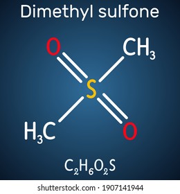 Methylsulfonylmethane, MSM, methyl sulfone, dimethyl sulfone molecule. It is organosulfur compound with sulfonyl functional group. Structural chemical formula on the dark blue background. Vector illus