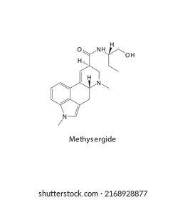 Methysergide molecule flat skeletal structure, Ergot class drug used to treat migraine. Vector illustration.
