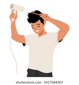 Meticulous Man Character Crafting His Style, Deftly Wielding A Comb And Dryer, Sculpting A Polished Hairstyle, Embracing The Artistry Of Refined Male Beauty Routine. Cartoon People Vector Illustration