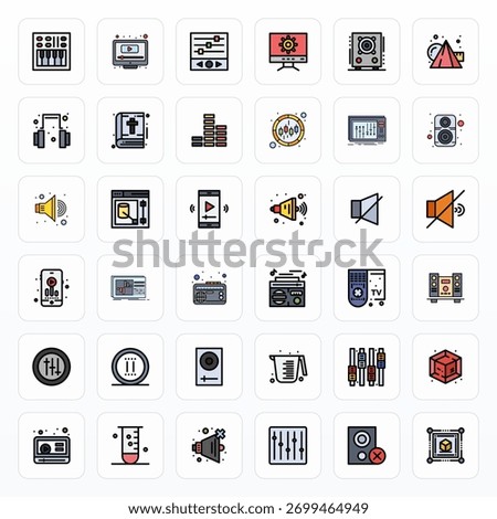 Meticulously crafted 36 Filled Line vector icons for Volume, delivered in 128x128 Grid Fitted quality for uncompromising design standards.