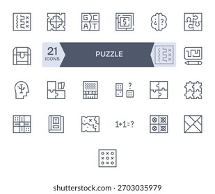 Um conjunto meticulosamente trabalhado de 25 ícones de linha regular centrado no Puzzle, perfeito para aplicativos modernos.