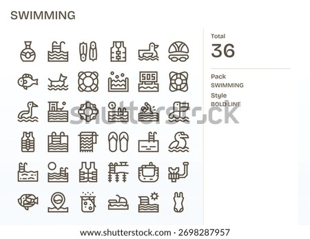 A meticulously crafted suite of 36 Bold Line icons centered on Swimming, perfect for modern apps.