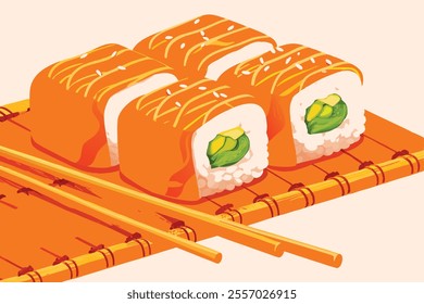 A meticulously crafted vector illustration depicting several sushi rolls, artfully arranged and detailed to showcase their realistic textures and vibrant colors.