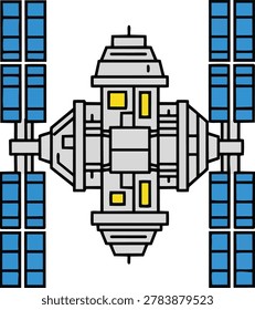 A meticulously designed space station illustration featuring prominent solar panels, detailed structural elements, and a balanced composition, ideal for educational or technological themes.