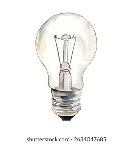 A meticulously detailed, hand-drawn watercolor illustration of a lightbulb, showcasing the filament and base. The soft color palette and artistic style give a vintage feel.