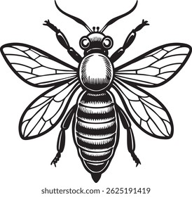 A meticulously detailed illustration showcases a honeybee viewed from above, its wings spread wide, rendered in stark black and white