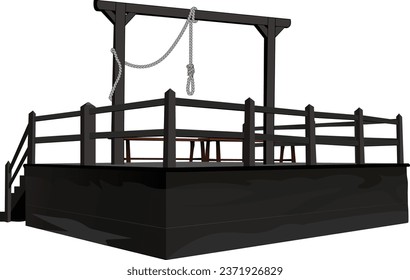 A meticulously detailed illustration of a wooden gallows, set upon a realistic stage. The craftsmanship evokes a haunting atmosphere, rich in historical context.
