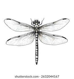 Uma libélula meticulosamente desenhada, vista de cima, apresenta uma intrincada venação de asa e um corpo segmentado.