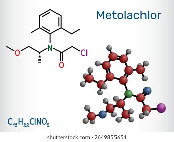 Molécula de metolacloro Herbicida cloroacetanilida usado para controle pré-emergente de ervas daninhas na agricultura. Ilustração vetorial