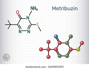 Molécula de metribuzina. Herbicida de triazinona usado na agricultura para controle de ervas daninhas folhosas. Folha de papel em uma gaiola. Ilustração vetorial