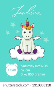 Metric baby girl poster with flat cartoon unicorn, hand drawn Julia white name, calligraphy text. Time, date of the birth, weight of newborn information. Greeting poster card with lettering