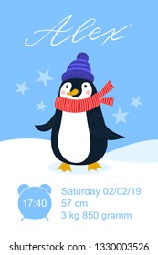 Metric baby girl poster with flat cartoon penguin, hand drawn Alex white name, calligraphy text. Time, date of the birth, weight of newborn information. Greeting poster card with lettering
