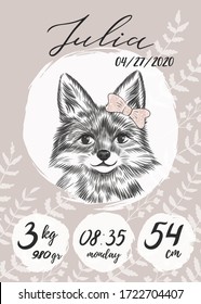 Metric baby girl poster with little fox with bow sketch, hand drawn Julia name, calligraphy text. Time, date of the birth, weight of newborn information. Greeting poster card with lettering