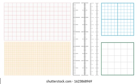 Metric Graph Paper And Corner Ruler Set Vector. Collection Of Measure Paper 1 Mm Millimeter Grid Accented Every Centimeter. Engineer Drafting Technical Project Precise Tool Template Illustrations
