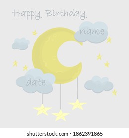 Metric illustration of a newborn. Children's poster to record height, weight and date of birth. Clouds and the moon. Vector illustration for a boy in the nursery.