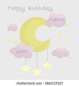 Metric illustration of a newborn. Children's poster to record height, weight and date of birth. Clouds and the moon. Vector illustration for the girl in the nursery.