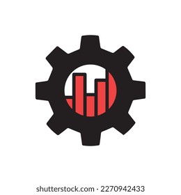 metric management icon with black gear and graph. flat simple trend modern stats logotype graphic design web element isolated on white. concept of key performance indicator or bad operation strategy