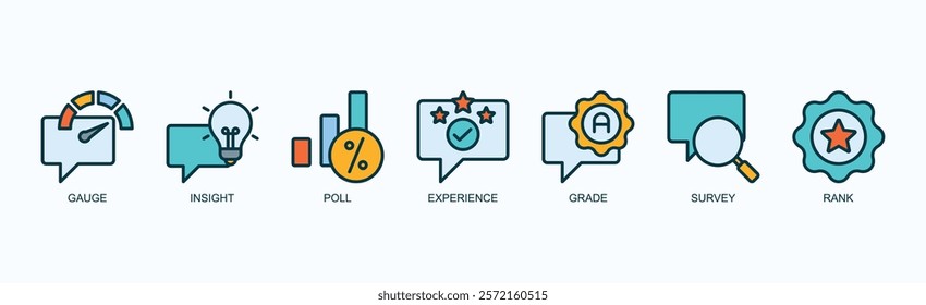 Metric Minds Icon Set Isolated Vector Illustration Concept With Icon Of Gauge, Insight, Poll, Experience, Grade, Survey, Rank In Outline Color Style