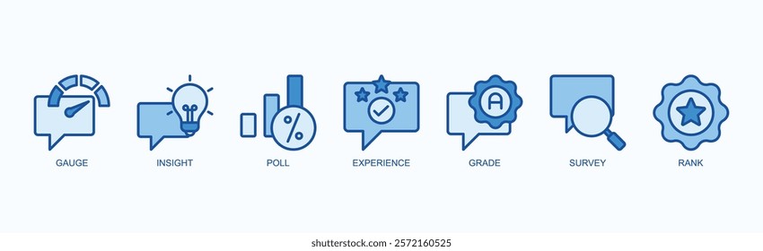 Metric Minds Icon Set Isolated Vector Illustration Concept With Icon Of Gauge, Insight, Poll, Experience, Grade, Survey, Rank In Blue Style