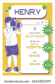 Metric for a newborn baby boy in 2yk style. A4 printable diploma to commemorate the birth of a child. Capture the moment. Preserve the memories. Weight, height of the baby.