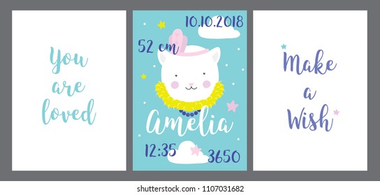 Metric poster cat girl room decor make wish lettering you are loved name baby new born time