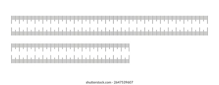 Metric rulers set. Measuring tool template. Scale for ruler in centimeters. Metrics indicator 15, 25 cm. Centimeters measuring scales. Measuring scales icons.
