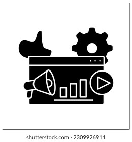 Metrics glyph icon. Graph and statistics. Show content actuality and number of attracting clients. Video marketing concept.Filled flat sign. Isolated silhouette vector illustration