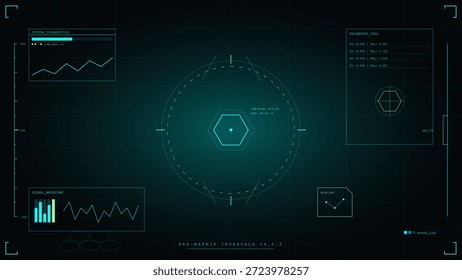 Métricas e gráficos aparecem em um fundo escuro. Diferentes pontos de dados e representações visuais são realçados. O design apresenta um hexágono com várias estatísticas.