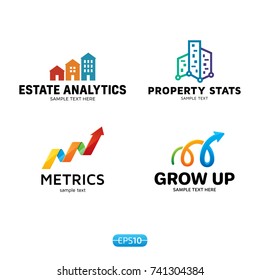 Metrics logo design template set. Vector colorful analytics logotype, sign and symbol. Statistics badge concept isolated on background. Graphic chart icon and geometric diagram stats illustration