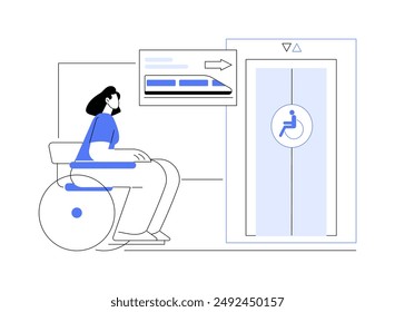 Ilustraciones vectoriales aisladas de dibujos animados de Metro access. Chica discapacitada usa el ascensor en el metro, personas discapacitadas, estilo de vida urbano, ciudad accesible, entorno sin barreras Vector de dibujos animados.