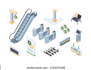 Metro design elements isometric 3D vector illustrations set. Urban public transport. Underground area decor isolated pack. Turnstiles, escalator, ticket machine cliparts. Subway items collection