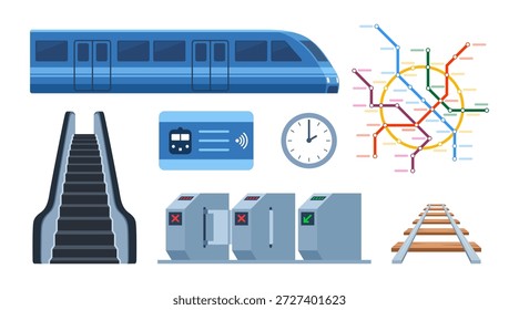 Elementos de diseño de metro, listo. Transporte público Urbana. Torniquetes, escaleras mecánicas, boletos, mapa del metro del tren Artículos del metro colección