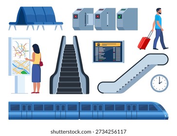 Metro design elements, set. Urban public transport. Turnstiles, escalator, ticket, train metro map Subway items collection