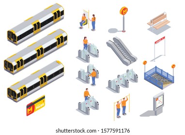 Metro elements set with 3d carriage train turnstile escalator passengers isometric isolated vector illustration