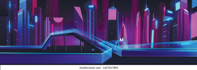 Metro entrance in night city with neon illumination, glass pedestrian overhead road with stairs. Futuristic cityscape background. Modern buildings exterior architecture. Cartoon vector illustration