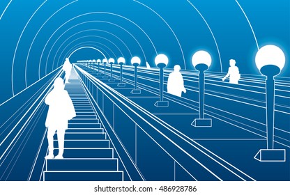 Metro escalator, people walking down the stairs, white lines on blue background, vector design art