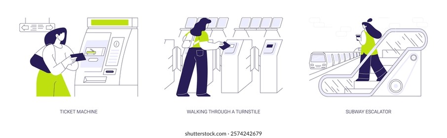 Metro facilities abstract concept vector illustration set. Ticket machine, smart card, subway passenger walking through a turnstile, subway escalator, public transport services abstract metaphor.